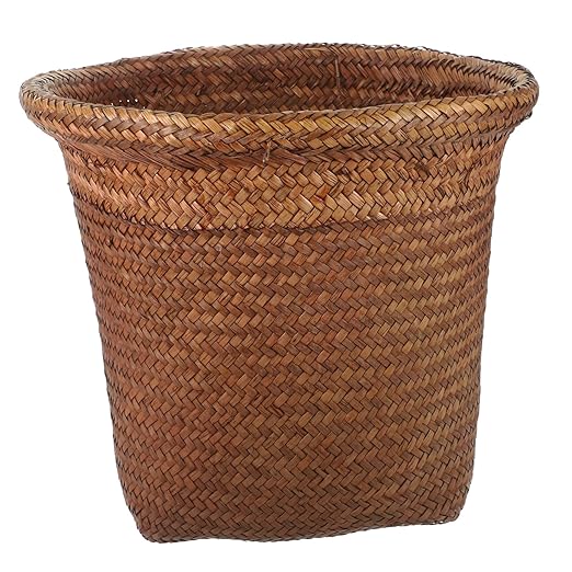 Happyyami Waste Holder Straw Woven Waste Paper Basket Decorative Small Wastebasket for Home