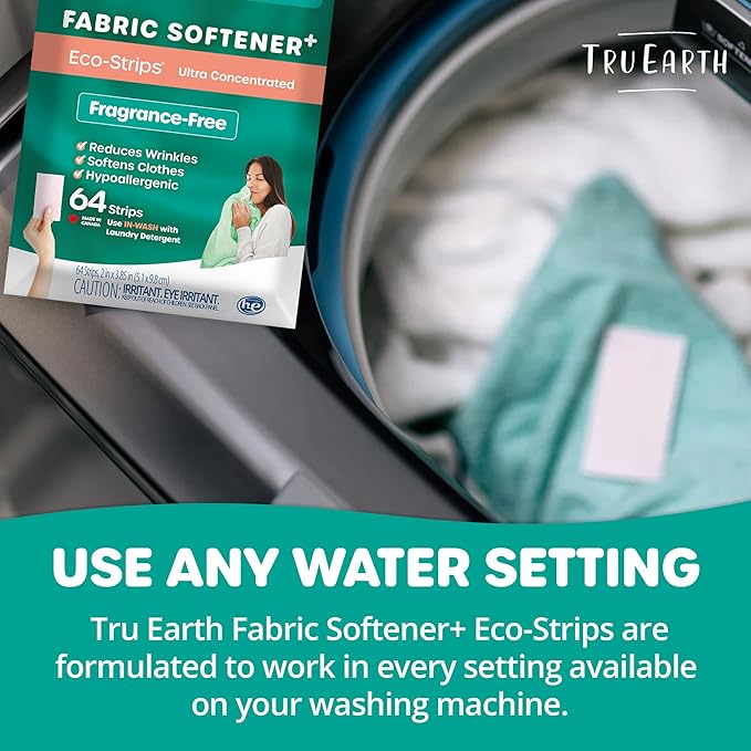 Tru Earth Fabric Softener Strips for Washing Machine Alternative to Fabric Softener Liquid and Pods Unscented Fragrance Free Up to 128 Loads Per 64-Count