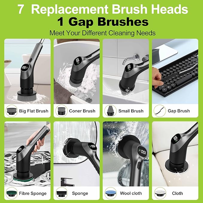 WKY-G3-Electric Spin Scrubber - Upgraded 10-in-1 IPX7 Waterproof Shower Cleaner Brush Retractable Handle &amp 2-Speed for Toilet Bathroom Bathtub Tile Floors Black