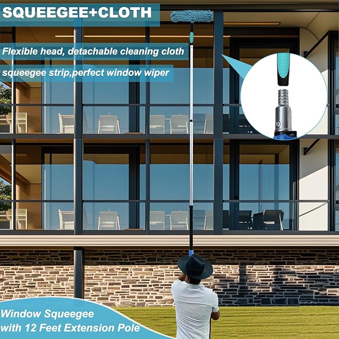 20 Ft+ Reach 2 In 1 Window Squeegee Duster with 5-to-12 Foot Extension Pole Cleaner Tool with 3-Stage Telescoping Pole Cleaning Kit with Rotatable Head - Chenille Cloth + Microfibre Cloths Head