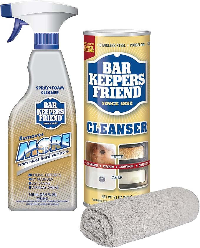 PURPUR Cloth &amp Bar Keepers Friend MORE Foam Spray (25.4) + Powder Cleanser (21 oz) Multipurpose Cleaner Stain &amp Rust Remover for Bathroom Kitchen &amp Outdoo Stainless Steel Aluminum Bra