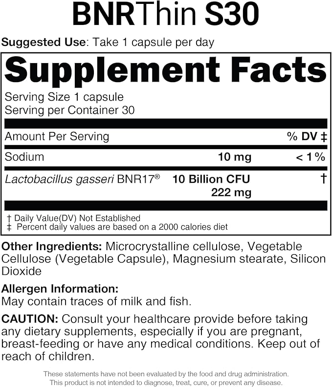 BNRThin S30 Lactobacillus Gasseri BNR17 10 Billion CFU Guaranteed 30Capsules