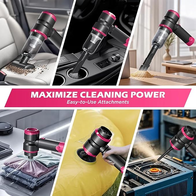 Handheld Car Vacuum with 15000PA Power 4 in 1 Powerful Cordless Vacuum Cleaner &amp Air Duster with 2000mAh Battery Rechargeable Portable Mini Hand Held Vacuum for Car HomeOfficePet Hair（Pink）