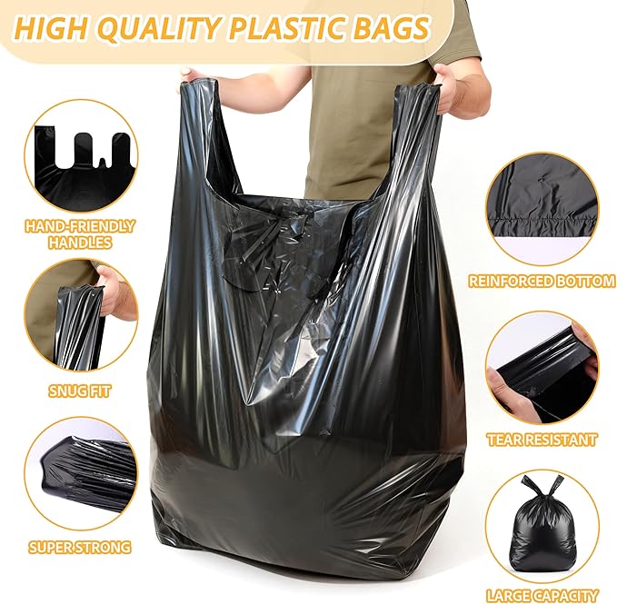 TREWAVE 50 Count 55-60 Gallon Trash Bags with Handles Heavy-Duty Thick Large Black Garbage Bags 50 Mic Jumbo Size Plastic T Shirt Bag for Outdoor Yard Construction Industrial and Commercial Use