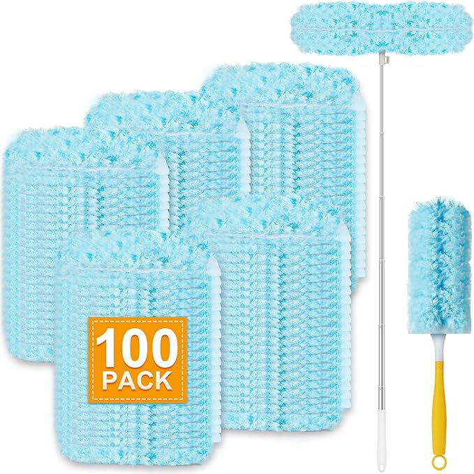 100Pcs Duster Refill Compatible with Swiffer Hand Duster +4FT Extended Handle +1 Handle 360° Heavy Duty Duster Refills Kit for Cleaning Office Ceiling Fan Baseboard &amp Blind