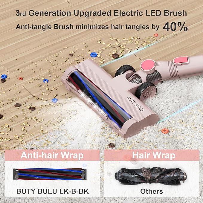Cordless Stick Vacuum Cleaner 30KPa Handheld Rechargeable Battery Lightweight Small Pink Vac Electirc Broom 40Mins Runtime for Home Hard Floor Carpet Pet Hair Cleaning LED Screen