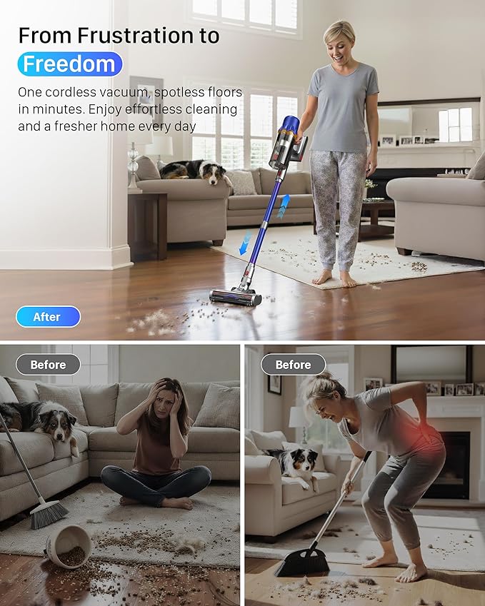 Cordless Vacuum Cleaner - Powerful Stick Vacuum with HEPA Filter 55-Min Runtime LED Light Anti-Tangle Brush Detachable Battery Lightweight for Home Pet Hair Carpets &amp Hard Floors