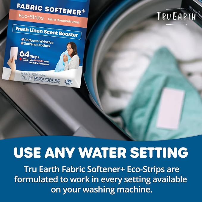 Tru Earth Fabric Softener Strips for Washing Machine Alternative to Fabric Softener Liquid and Pods Fresh Linen Scent Booster Up to 128 Loads Per 64-Count