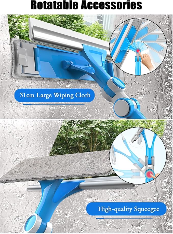 Rotatable Stainless Steel Window Cleaning Rods Glass Washing Kit with Bendable Head &amp Threaded Extension Pole Outdoor Windows Scrubber for Caravans/Auto Glasses/Solar Panel