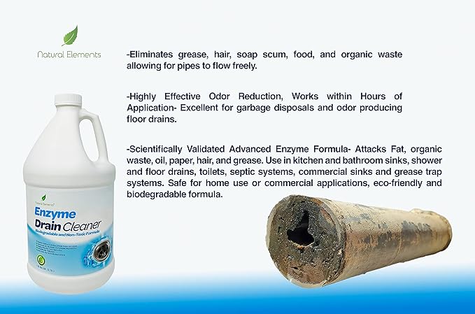 Natural Elements Enzyme Drain Cleaner | Digest Grease Fats and Paper Buildup in Drains Septic Tanks Grease Traps Pipes (1 Gallon)