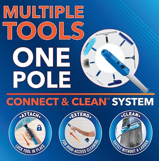 Unger Professional Connect and Clean Total Pro Cleaning Kit All-in-One Household Window Washing with Streak-Free Results Includes 12” Squeegee 14” Scrubber Washer Telescopic Pole Extends Up to 6’