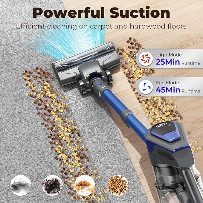 N16 Cordless Vacuum Cleaner Lightweight Vacuum Cleaners for Home with Powerful Suction 2600mAh Battery with 45 Mins Runtime Rechargeable Stick Vacuum Cordless for Hardwood Floor Carpet Pet Hair