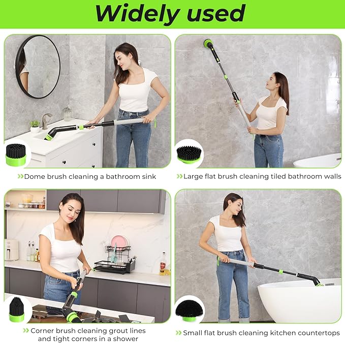 EasyScrub Cordless Electric Spin Scrubber - Powerful 350 RPM Cleaning with 4 Replaceable Heads Adjustable Extension Handle IPX7 Waterproof Ideal for Shower Tiles Tubs and Grout