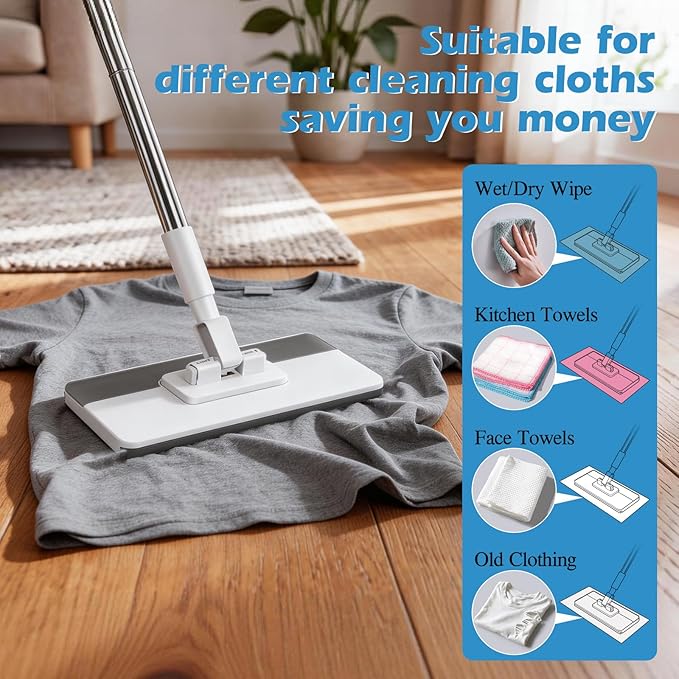 Mini Sweeper MopMasthome Reusable Clamp Mop with 50  Stainless Steel Handle1 Second InstallationCompatible with Swiffer PadsFlat Dust Mops for House Wall Windows Corners - 1 Sweeping Cloth