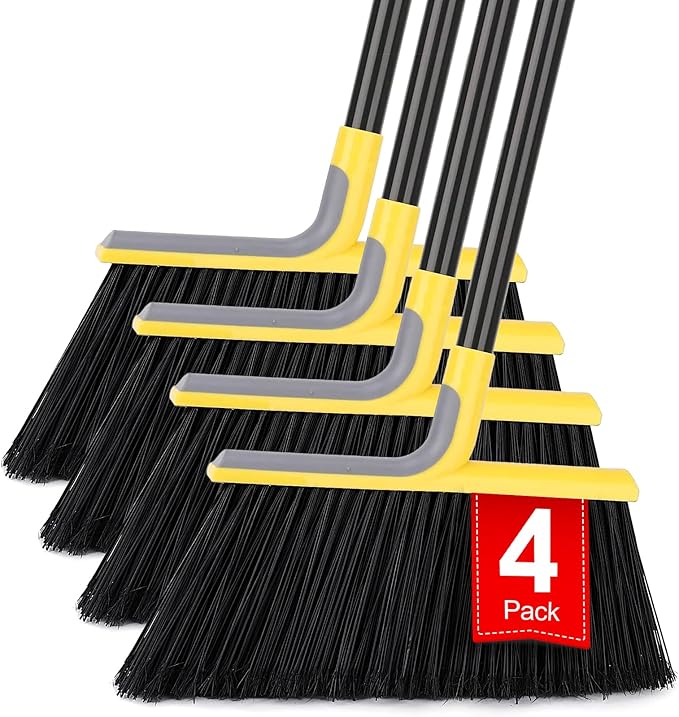 4 Packs Outdoor Broom for Floor Cleaning with 58 Long Handle Heavy-Duty Commercial Brooms for Sweeping Indoor Outdoor Courtyard Restaurant Garage Patio Decks Mall Market Kitchen Office Lobby Shop