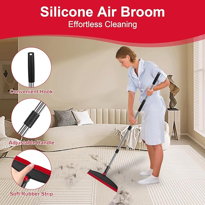 Broom with Dustpan Combo Set and Silicone Air Broom Kit 51 Long Handle Floor Squeegee Red Household Kit for Glass Window Rugs Pet Hair Home
