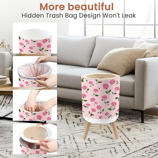 Bathroom Trash Can with Lid Coquette Roses Pink Seamless Design Garbage Bin Waste Basket for Kitchen Office Bedroom Decoration Diaper Pail 1.8 Gallon