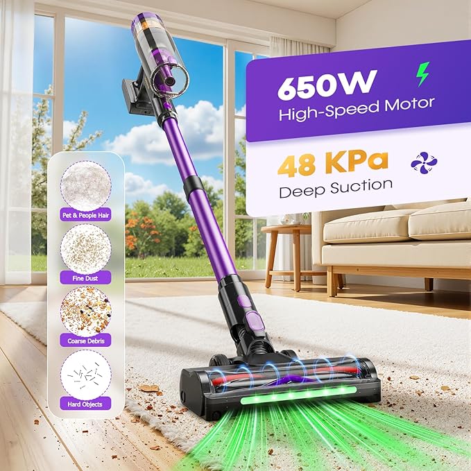 Cordless Vacuum Cleaner 650W 48KPa Vacuum Cleaners for Home Self-Standing Stick Vacuums with LED Display Anti-Tangle Lightweight Stick Vacuum Rechargeable for Pet Hair Carpet Floor