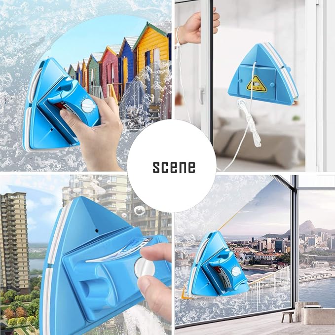 Double-Sided Window Cleaner Glass Wiper Magnetic Cleaning Tools 4-Gears Adjustable Magnetic Glider Washing Brush Tools for High-Rise Double Thick Glazed Windows Thickness 0.3-1.5 (Blue)