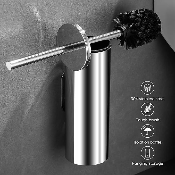 Toilet Brush and Brush Holder Stainless Steel No-Punch Hook Base Dual Purpose Toilet Brush Holder with Removable Inner Bucket and Splash Cover - Soft Bristles (Chrome)