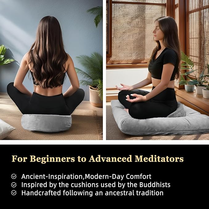 Meditation Zafu Cushion Set with Buckwheat Hulls &amp Memory Foam - Ergonomic Support for Yoga &amp Sitting - Removable Machine-Washable Luxury Velvet Cover - for Adults and Kids (Grey)