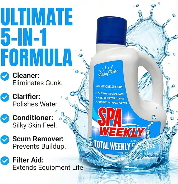 5-in-1 Hot Tub Chemicals – Spa Weekly Enzyme Cleaner &amp Clarifier Scum Line Cleaner Filter Protector + Water Conditioner Clear Finish for Spas &amp Inflatable Tubs 3 Liter (101.5 fl oz) – Bubb