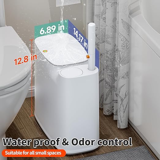 CTIME Bathroom Trash Can Set - Narrow White Plastic Small Trash can a Toilet Wand Toilet Brush Holder and 36 Refills 2 Gallon Trash can with pop-up lid Suitable for bathrooms and Small Toilets.