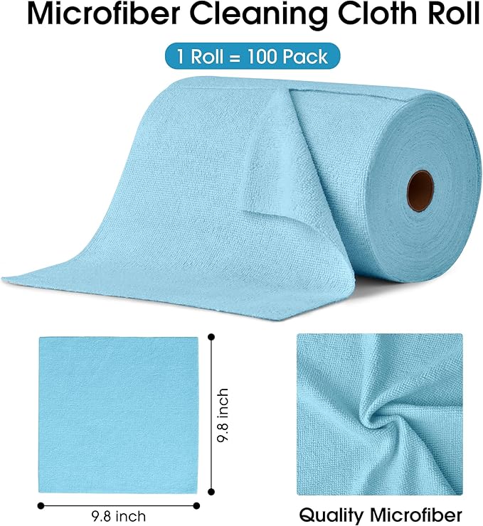 KitchLife Microfiber Cleaning Cloth Roll 100 Pack - Tear-Away Microfiber Paper Towels Lint-Free Reusable Washable for Kitchen Car Dishes and Sensitive Surfaces (Blue)
