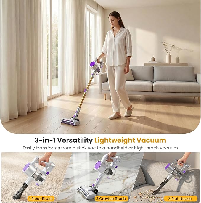 NEWBULIG Cordless Vacuum Cleaner Powerful Stick Vacuum with Flexible Steering &amp Extendable Pole3 Brush Heads 35Mins Runtime Lightweight Wireless for Hardwood Floors &amp Carpet Pet Hair Wal