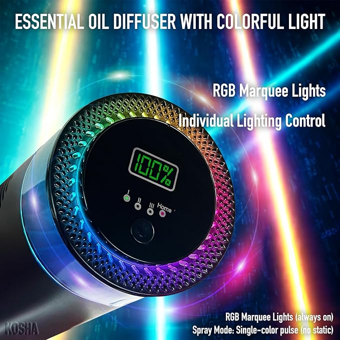 KOSHA Automobile Aroma Diffuser with Colorful Running Lights 3 Mode Settings 900mAh Essential Oil Display Non-Slip Lasts 2000 Refills Air Freshener for Car &amp Home (Secret Sea)
