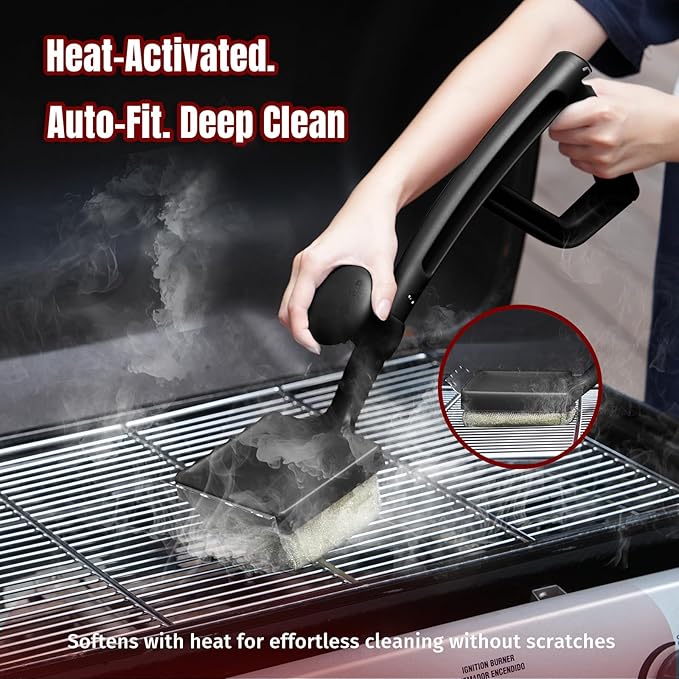Grill Brush Bristle Free with Aramid Fiber - 600°F Heat Resistant Steam Cleaning Brush Dual Handle BBQ Grill Cleaning Brush with Scraper Replaceable Head for Outdoor Grill Weber Traeger Grates