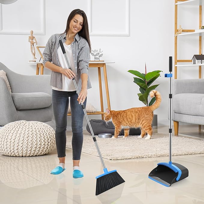 Broom and Dustpan Set 52-in Long Adjustable Handle Broom Dustpan Combo with Dust pan Teeth to Automatically Clean Hair Suitable for Home Kitchen Office Hall Floor (Black&ampBlue) 4 Pack