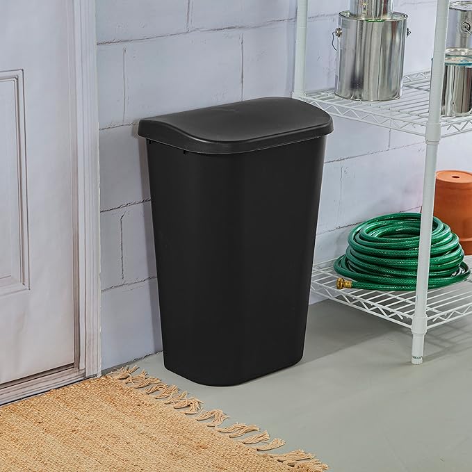 Sterilite 11.3 Gallon Lift Top Wastebasket with Lid Large Trash Can for the Kitchen or Bathroom Plastic Black 6-Pack
