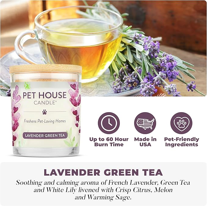 One Fur All Pet House Candle 2 Pack - Plant-Based/Soy - Clean Burning Scented Long Lasting Pet Odor Candle for Home - Fresh Citrus Lavender Green Tea