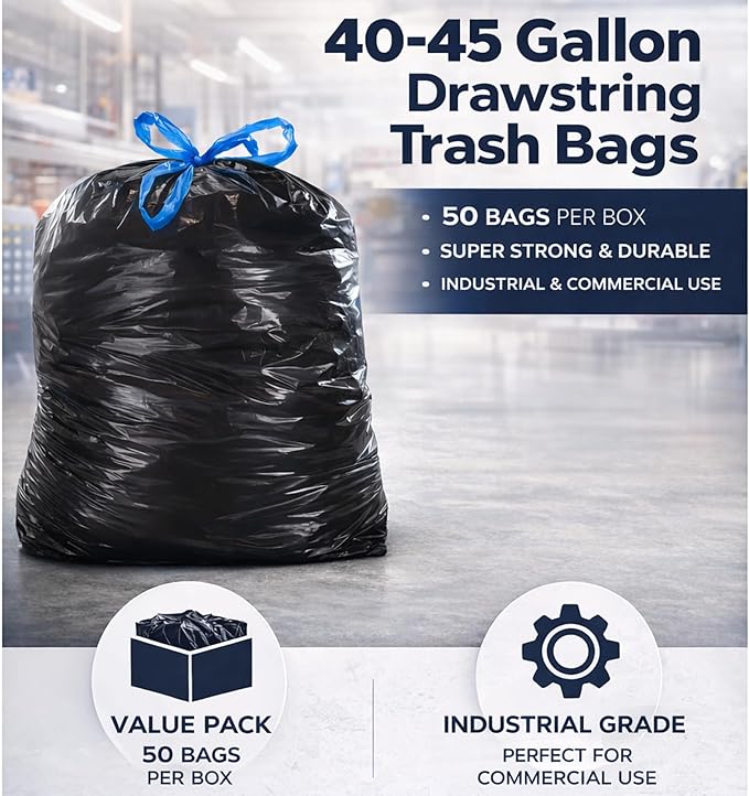 (50 Count) 44 Gallon Trash Bags with Drawstring Heavy Duty Fits 40-45 Gallon Bins 1.2 Mil Industrial Strength for Janitorial Hotels &amp Commercial Kitchen Waste-Multipurpose use-By Interplas.