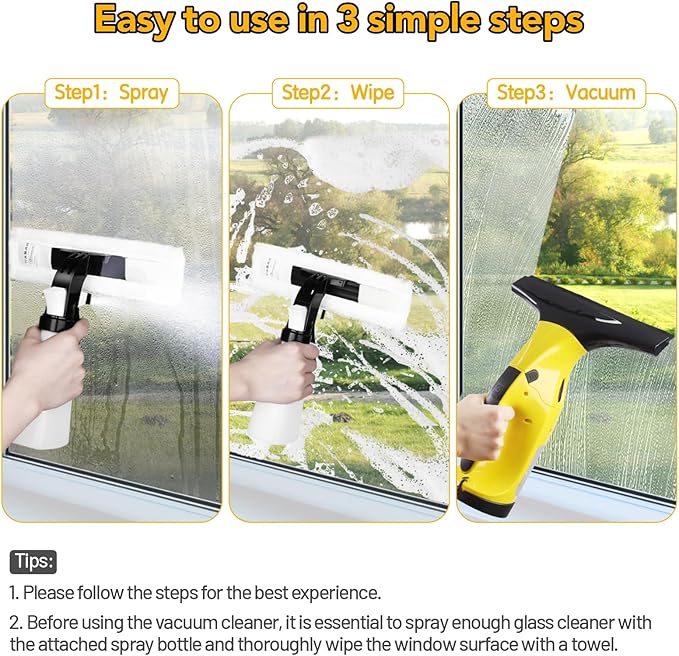 Rechargeable Window Vac Electric Window Vacuum Squeegee with 11 in. and 6.7 in. Squeegee Blades Cordless Window Vacuum Cleaner Set for Cleaning Windows Shower Doors Mirrors Tiles
