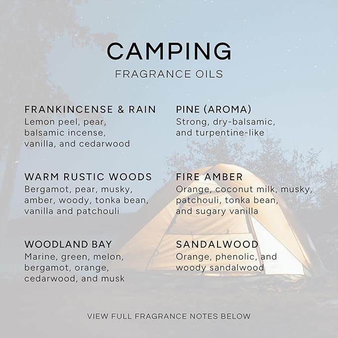 Eternal Essence Oils Camping Set of 6 Premium Fragrance Oils - Includes Warm Rustic Woods Fire Amber Pine Sandalwood Frankincense &amp Rain and Woodland Bay Scented Oils - 10ML
