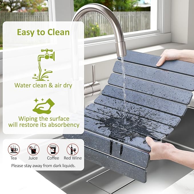 Large Stone Dish Drying Mat for Kitchen Counter 24(L)×16(W) Collapsible Quick Dry Stone Dish Mats Super Absorbent Diatomaceous Earth Drying Pad for Dishes Bottles Cups Countertops (Black Grey)