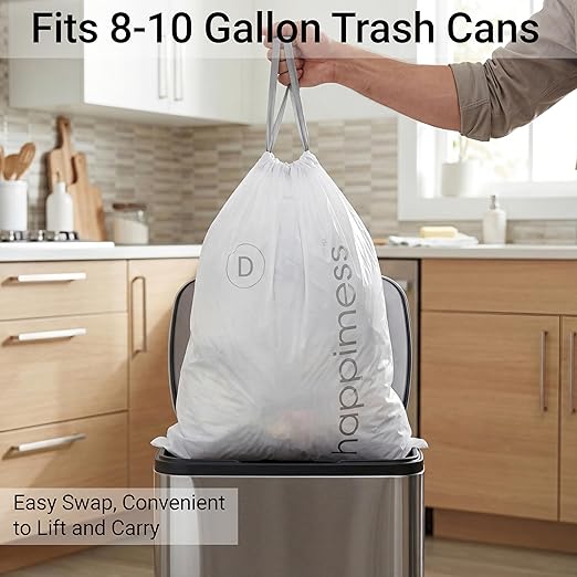 happimess 8 Gallon (30L) Drawstring Trash Bags Slim Unscented White Heavy Duty LDPE Liners for Kitchen and Household Custom Fit 80 Count (4 Packs of 20 Liners) HPM3000D-W-4SET