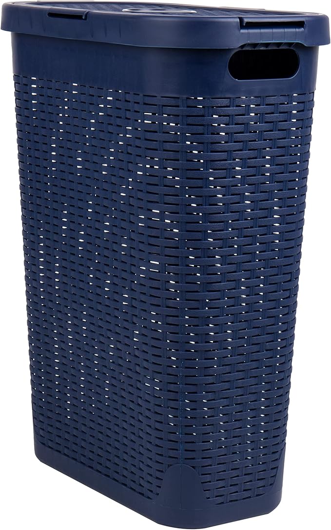 Mind Reader Slim Laundry Hamper with Lid 40L Clothes Basket Narrow Tapered Design with Ventilated Cutout Pattern Plastic Navy