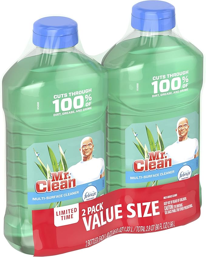 Mr. Clean Liquid All Purpose Multi-Surface Cleaner | Meadows and Rain with Febreze Freshness - 45 Ounce Each Bottle (Pack of 2) (Total 90 fl oz)