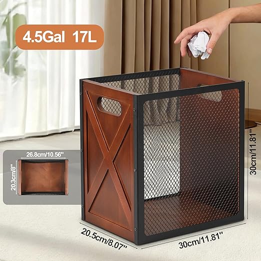Rustic Office Trash Can - Rectangular Waste Basket with Iron Mesh 4.5 Gallon Wooden Garbage Can Bathroom Garbage Bin with Handles Decorative Trash Can for Home Office Bedroom