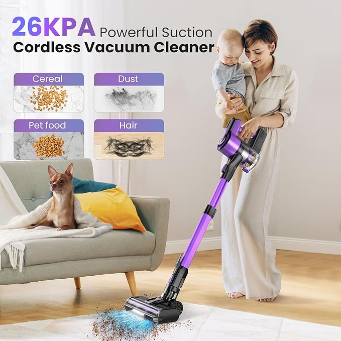 Lightweight Cordless Vacuum Cleaner for Home Powerful Wireless Vacuum with LED Lights &amp Anti-Tangling Roller 8 in 1 Stick Vacuums &amp Electric Brooms for Hard Floor Pet Hair Carpet (Purple)