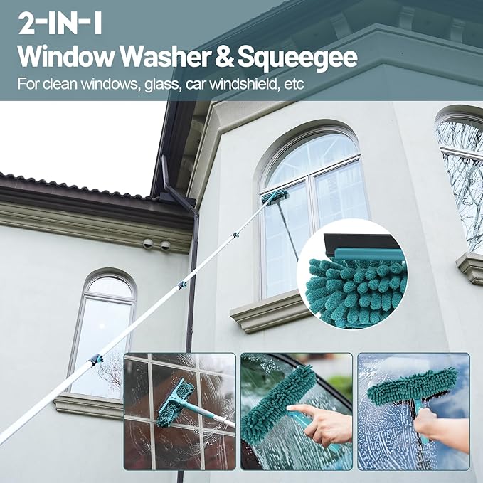 36 Foot High Reach Duster Kit with 7-30FT Extension Pole High Ceiling Dusting and Window Cleaning Kit with Telescopic Pole Window Washer&ampSqueegeeCobweb DusterFan Duster and Feather Duster