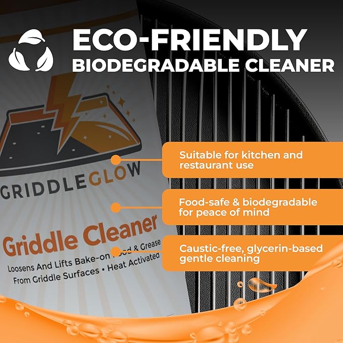 Griddle &amp Flat Top Grill Biodegradable Cleaner. Easy Pour Squeeze Bottle 32 oz. Fast Acting Formula Food Safe Glycerin-Based and Caustic Free. Heat Activated Removes Grease and Baked-on Food Sa