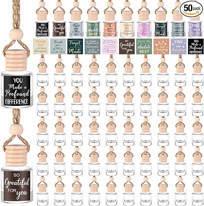 50 Set Employee Appreciation Car Air Freshener Diffuser Gift Inspirational Hanging Car Empty Glass Essential Oil Bottle with DIY Sticker Thank You Gifts for Coworker Teachers Staff (Cylinder)
