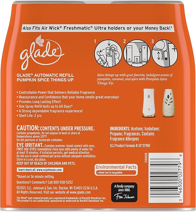 Glade Automatic Spray Refill Air Freshener for Home and Bathroom Pumpkin Spice Things Up 6.2 Oz 2 Count