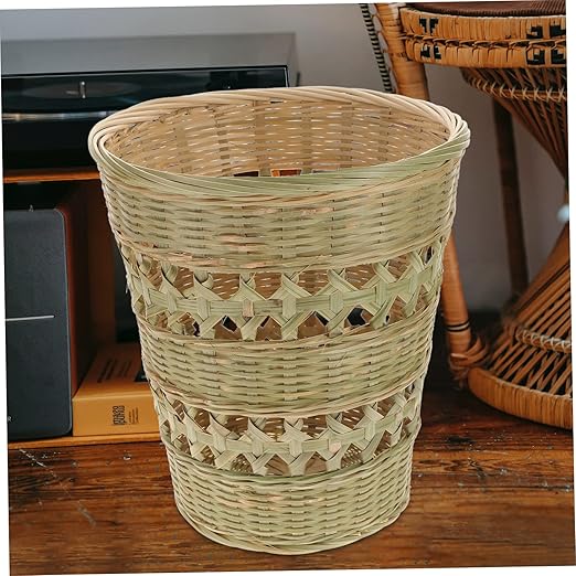 IMIKEYA Retro Woven Wastebasket Compact Rubbish Container Multi Purpose Trash Can for Bedroom and Home Decor Sturdy Storage Basket with Stylish Boho Design