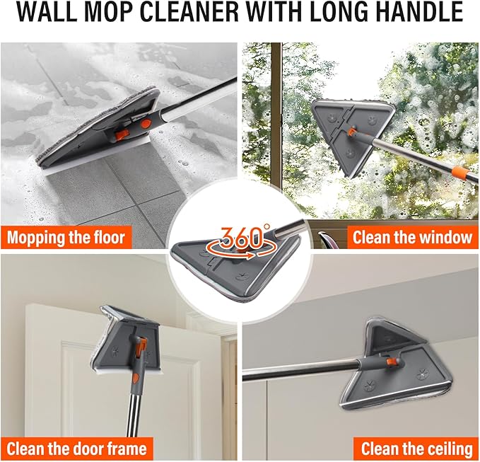 Baseboard Cleaner Tool with HandleWall Cleaner mop with Squeegee Baseboard Cleaning Tool with 85 inch Extension Pole8 Replacement Pads for Baseboards Cleaning Ceiling Wall Floor Shower
