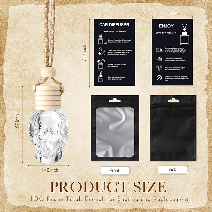 Boao 100 Sets Hanging Car Air Freshener Diffuser Bottles with Instruction Card and 4 x 6'' Resealable Holographic Bag for Empty Car Essential Oil Perfume Bottles Packaging (Black CardSkull)